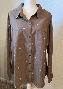 Torrid Top 2 2X Brown Embroidered Long Sleeve Collar Daisy Floral Casual Buttons - Picture 1 of 11