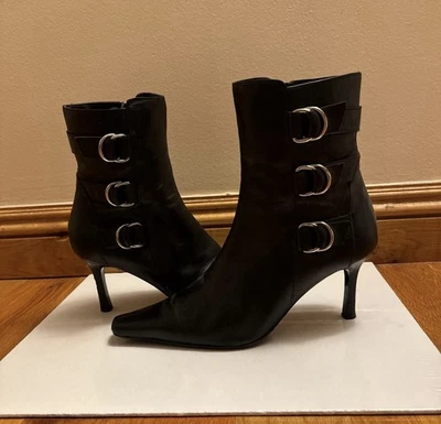 vintage valerie stevens point black leather ankle boots with silver buckles - Image 1 of 4