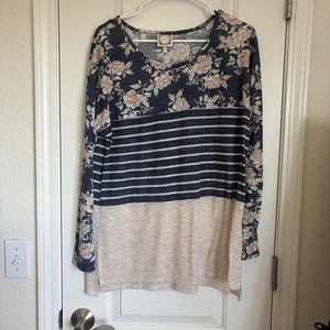 Camisa túnica Tru Self para mujer manga larga bloque con rayas y patrón floral - XL - Imagen 1 de 6