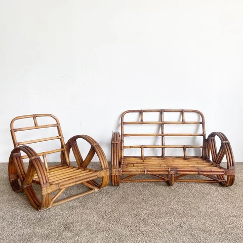 Boho Chic Three Strand Rattan Pretzel Sofa and Chair After Frankl -2 Pieces Cover