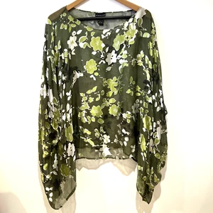 Citiknits Vtg Silk Blend Sheer Blouse Floral Kimono Size 1X Green Slinky Elegant - Picture 1 of 12