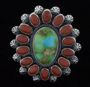 8.5 - Sonoran Gold Turquoise & Coral Ring By Navajo Artist Randy Boyd - Picture 1 of 5