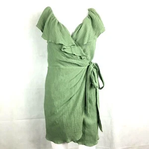 Free People Dress Womens Sz S Green Ruffled Crinkle Mini Wrap Sundress V-Neck - Picture 1 of 11