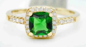 LAB CREATED 0.86 Cts EMERALD & W/SAPPHIRE RING .925  Silver (Yellow Finish)- NWT - Picture 1 of 3