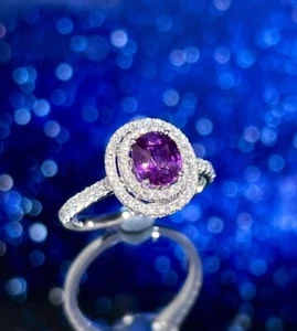 2.50 Ct Oval Cut Simulated Purple Amethyst Halo Ring 14k White Gold Plated - Picture 1 of 4