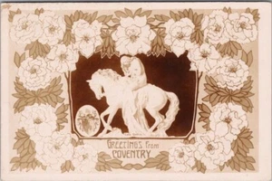 Postal vintage de LADY GODIVA "SALUDOS DESDE COVENTRY" vista de estatua RPPC c1910s - Imagen 1 de 2