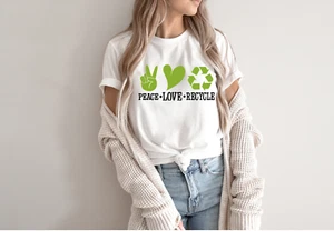 Peace Love Recycle t-shirt, Earth Day tshirt, Nature Lover's tshirt, Hiking, Lov - Picture 1 of 18