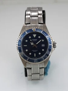 Casio Watch Men Silver Stainless Steel 100m Water Res Battery Date Blue Quartz - Picture 1 of 6