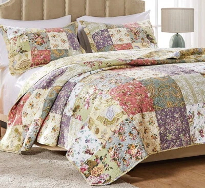 BLOOMING GARDEN Twin QUILT SET : COTTON VINTAGE FLORAL PRAIRIE PATCH GREEN - Image 1 of 4