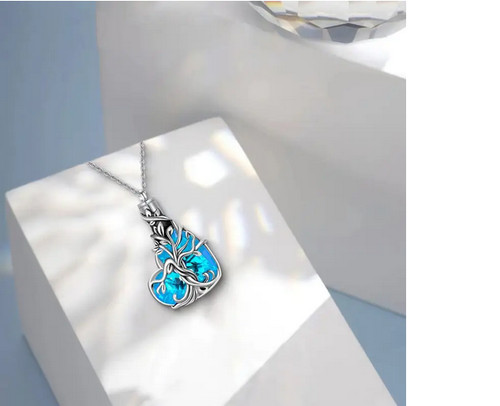 CHROME HEARTS TREE LIFE CUORE BLU URNA CENERE CREMAZIONE MEMORIALE ciondolo argento 925 catena 18"