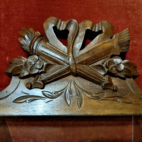 Bow ribbon flower wood carving pediment - Antique French architectural salvage Cover
