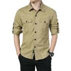 Men's Casual Long Sleeve Tops Double Pocket Army Work Military Dress Shirt