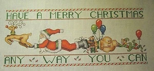 Cross Stitch "FLYING SANTA" pattern ~ reindeer, elf, balloons - Picture 1 of 1