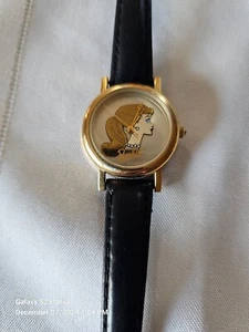 Vintage 90s Mattel Barbie Wristwatch Silhouette Gold Silver Face Leather Band - Picture 1 of 4