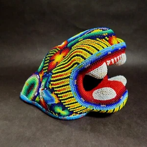 Huichol Beaded Jaguar Head Signed Mexican Folk Art Handmade Large Panther Cat - Picture 1 of 17