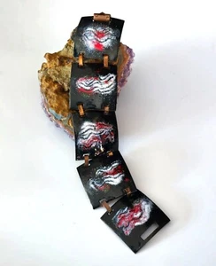 Vintage modern abstrakt rot weiß Emaille & Kupfer Gliederarmband breite Platte 7,25" - Bild 1 von 9