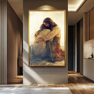 Jesus Christ Embracing Woman Canvas Wall Art Christian Spiritual Decor - Image 1 of 4