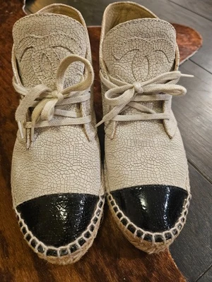 chanel espadrilles high top lace up beige women shoes size 37 used - Image 1 of 4