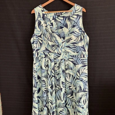 Vestido Tropical Lands End Sin Mangas Imitación Envoltura Cuello en V Azul Verde Floral Talla 2X Foto 1 de 4
