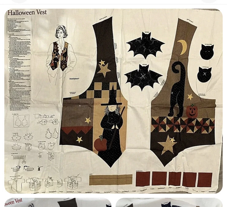 万圣节背心 Dream Spinners 切割和缝制织物面板女巫黑猫南瓜 — 第 1/4 张图片