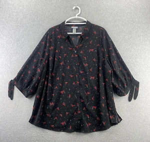 Catherines Shirt Top Plus 1XL Black Cardinals Tie Cuff Button Up 3/4 Sleeve - Picture 1 of 9