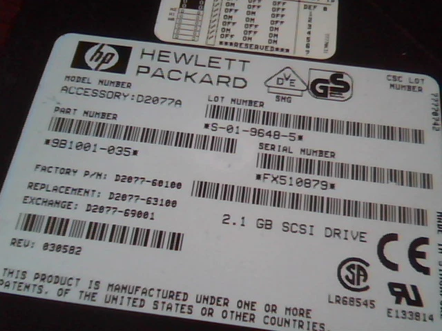 Hard Drive Hewlett Packard 9B1001-035 D2077-60100 D2077A S-01-9648-5 2.1GB - Image 1 of 1