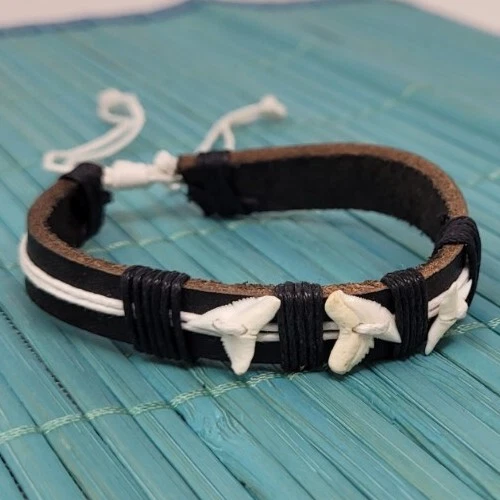 Fossil Shark Tooth Bracelet Surfer Bracelet Shark Teeth Bracelet Cuff Leather - Image 1 of 4