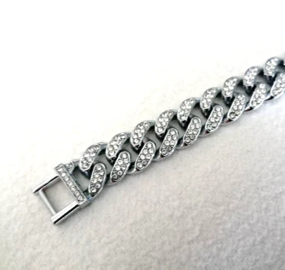 BRACCIALE IN ACCIAIO CROMATO BRILLANTINI MAGLIA LARGA BRACCIALETTO CASUAL UNISEX - Immagine 1 di 4