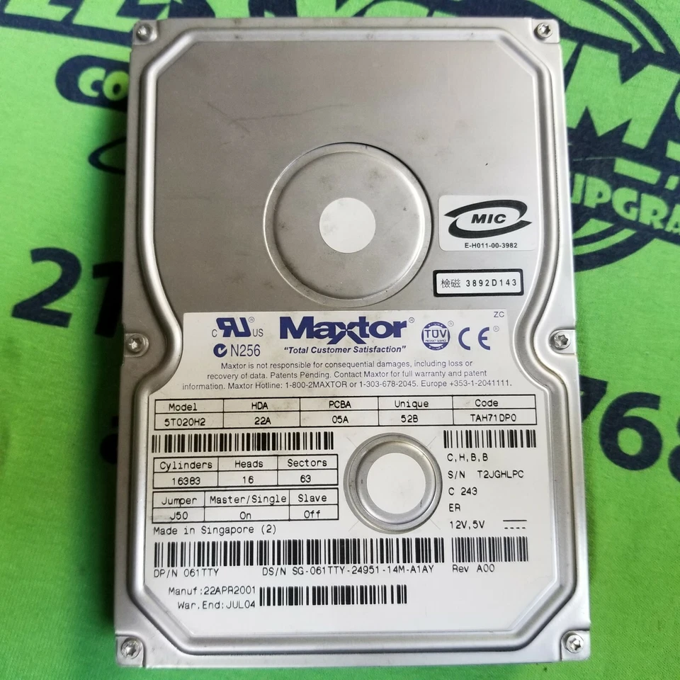 MAXTOR DiamondMax Plus 60 20.4GB Internal IDE 7200RPM 3.5" 5T020H2 Hard Drive - Image 1 of 1