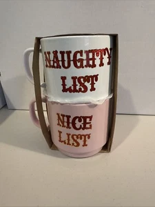 Peppermint & Pine Naughty Nice Pink White Shiny Red Font (2) Mug Set Christmas - Picture 1 of 4