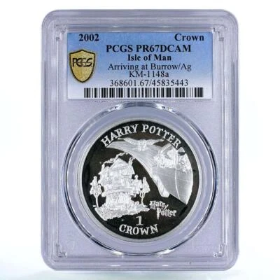 Isle of Man 1 crown Harry Potter Burrow Car Owl Bird PR67 PCGS Ag coin 2002 - Image 1 of 2