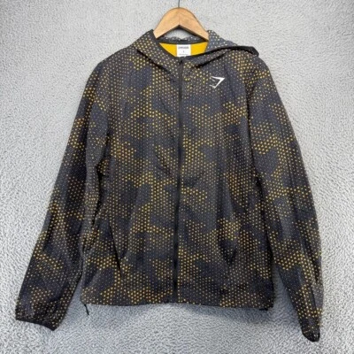 Jaqueta Gymshark Windbreaker Masculina Pequena Preta Amarela Camuflagem Geométrica Tecido Esportivo - Imagem 1 de 4