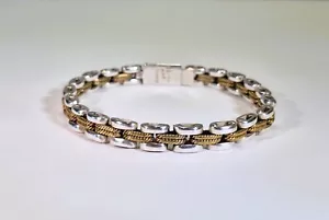 Sterling Silver Bar Link Bracelet, Connecting Twisted Brass Links, Slide Closure - Picture 1 of 5