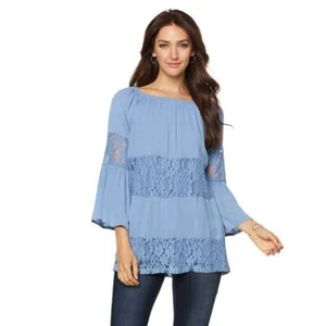 CURATIONS CARAVAN Size S Lace Inset Tunic Blouse BLUE - Foto 1 di 3
