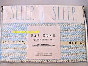 RAE DUNN QUEEN Wavy SLEEP Blue Gray Classic Bed Sheets 2 Pillowcases 4pc Set 💕 - Picture 1 of 6