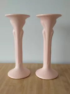Vintage HAEGER Pink Ceramic Candlesticks Candle Holders 1980s Tall 3282 Set Of 2 - Picture 1 of 24