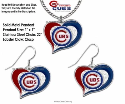 LOVE CHICAGO CUBS JEWELRY SET 22" STAINLESS STEEL NECKLACE & EARRINGS FREE SHIP' - Image 1 of 4