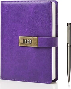 WEMATE Diary with Lock, A5 PU Leather Journal Lock 240 Pages, Purple - Picture 1 of 6