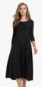 Hotouch L Black Round Neck Knit Midi Party Dress 3/4 Sleeve Casual Flared - Picture 1 of 13