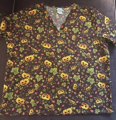 EUC Halloween Fall Scrub Top Size XL Pumpkins, Fall Leaves - Image 1 of 4