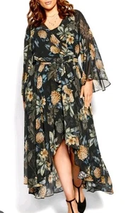 NWT City Chic Golden Hydrangea Print Wrap Maxi Dress Size 14 Flowy Resortwear - Picture 1 of 15