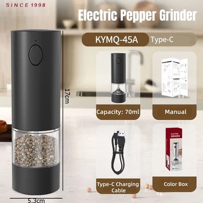 Molinillo de pimienta eléctrico de acero inoxidable, molinos de pimienta recargables con luz LED Foto 1 de 4