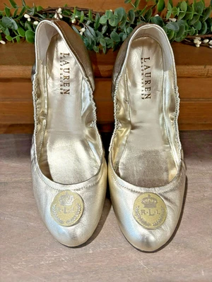 Lauren Ralph Lauren Ballet Flats Shoes Women Size 7.5B Gold Leather Slip Ons - Image 1 of 4