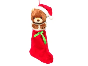 Vintage Christmas Stocking Bear Plush 3D Bag Brown Red Stuffed Animal Hanger  - Picture 1 of 12