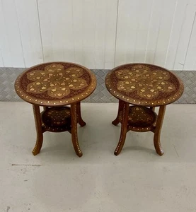 Pair Of Antique Anglo Indian  Rosewood Carved Brass Copper Inlaid Side Tables - Picture 1 of 5