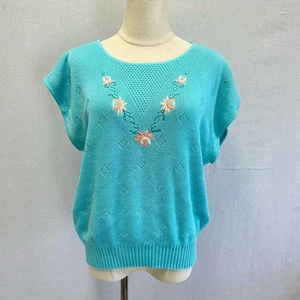 Chaleco suéter bordado floral tejido turquesa vintage años 80 talla grande acrílico - Imagen 1 de 16