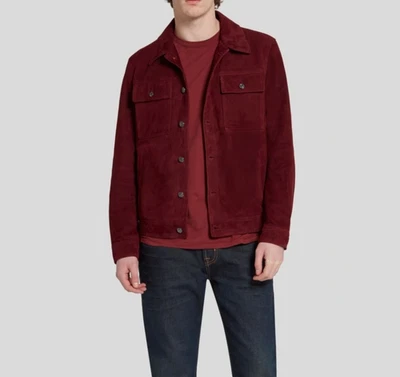 Mens Burgundy Leather Trucker Jacket Pure Suede  Size S M L XL 2XL 3XL CM - Image 1 of 4