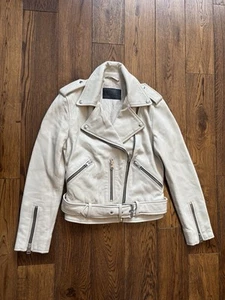 Ladies All Saints Lamb Leather Balfern Biker Jacket Cream UK8 Belt Zip Short - Picture 1 of 11