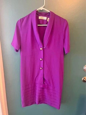 Vintage Chaus Purple Short Sleeve Dress Women's Button Front Pleated Hem Midi - Image 1 of 2
