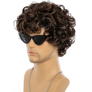 Men's Dark Brown Short Curly Wig Cosplay Party Natural Synthetic Full Hair Wig - Picture 1 of 8
